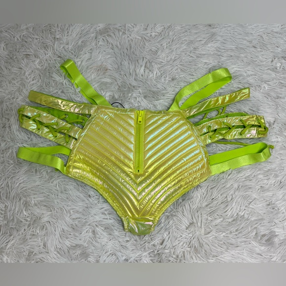 CLUB EXX Rude Awakening Neon Green Lace Up Booty Shorts Rave Bottoms Size XL - Picture 2 of 9